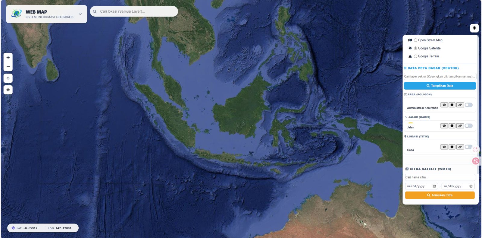 Sistem WebGIS berskala Geoportal standar OGC (WMS/WFS) untuk manajemen data spasial masif dan raster time-series.