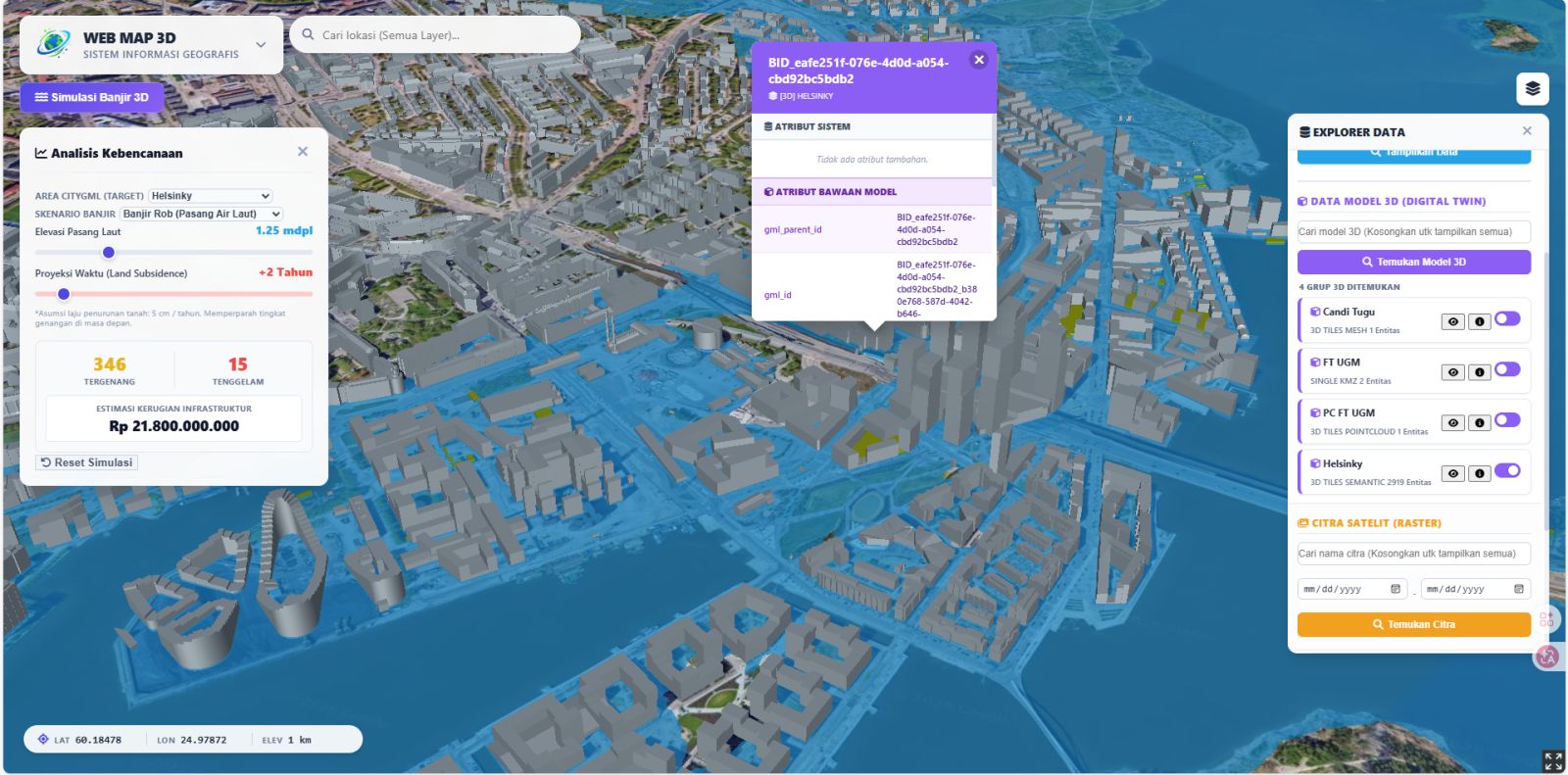 Prototipe Digital Twin yang memadukan CityGML/CityJSON dengan 3D Tiles (fotogrametri, point cloud) dan model 3D satuan dalam satu platform web.