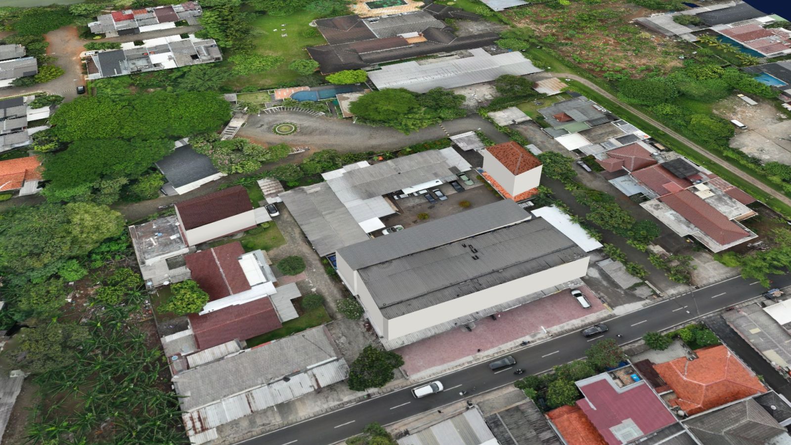 Bangunan LoD2 berdiri tepat di atas ortofoto 2 cm di CesiumJS; fasad berfoto dibuat otomatis bila tersedia foto oblique