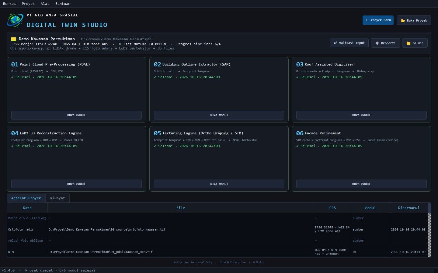 Dashboard proyek Digital Twin Studio: status 6 modul dan daftar artefak data