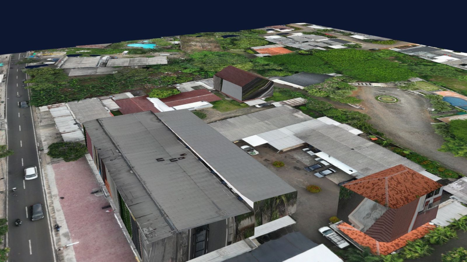 Bangunan LoD2 berdiri tepat di atas ortofoto 2 cm di CesiumJS